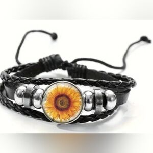 NEW‎ Christmas Gift Boho Y2K Sunflower Charm Black Leather Bracelet (#027)